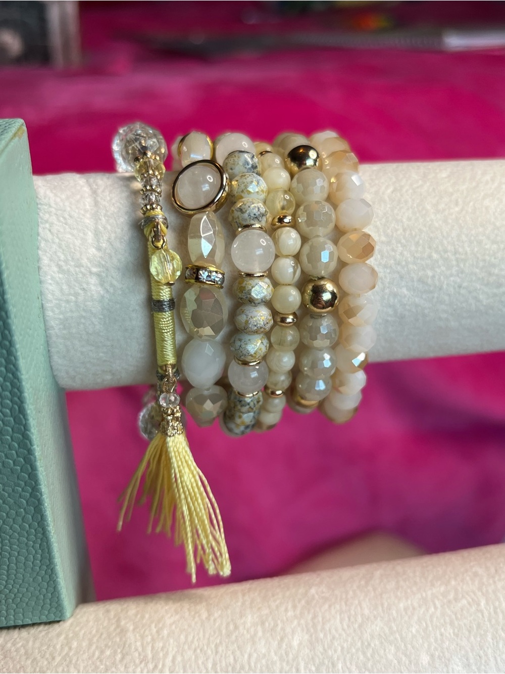 (6) Light Yellow & Cream Beaded Bracelets
